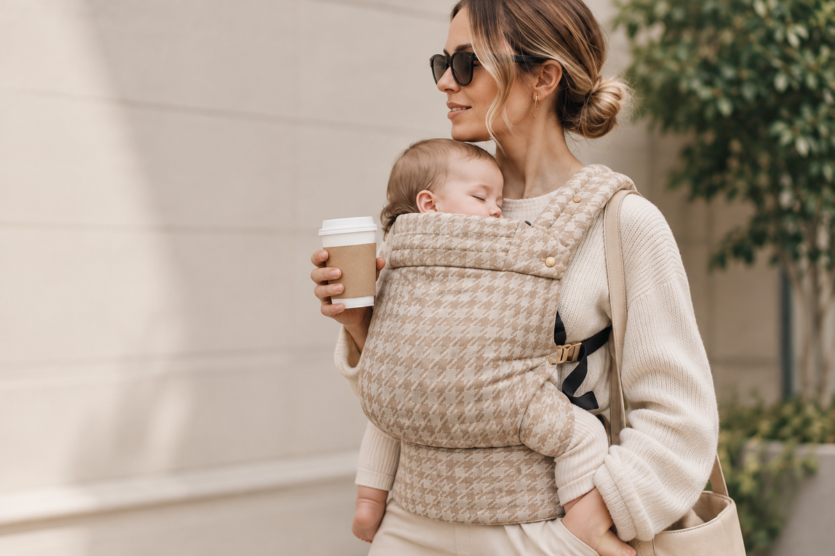 Mother carrying sleeping baby in Bunny & Bear beige Atelier carrier